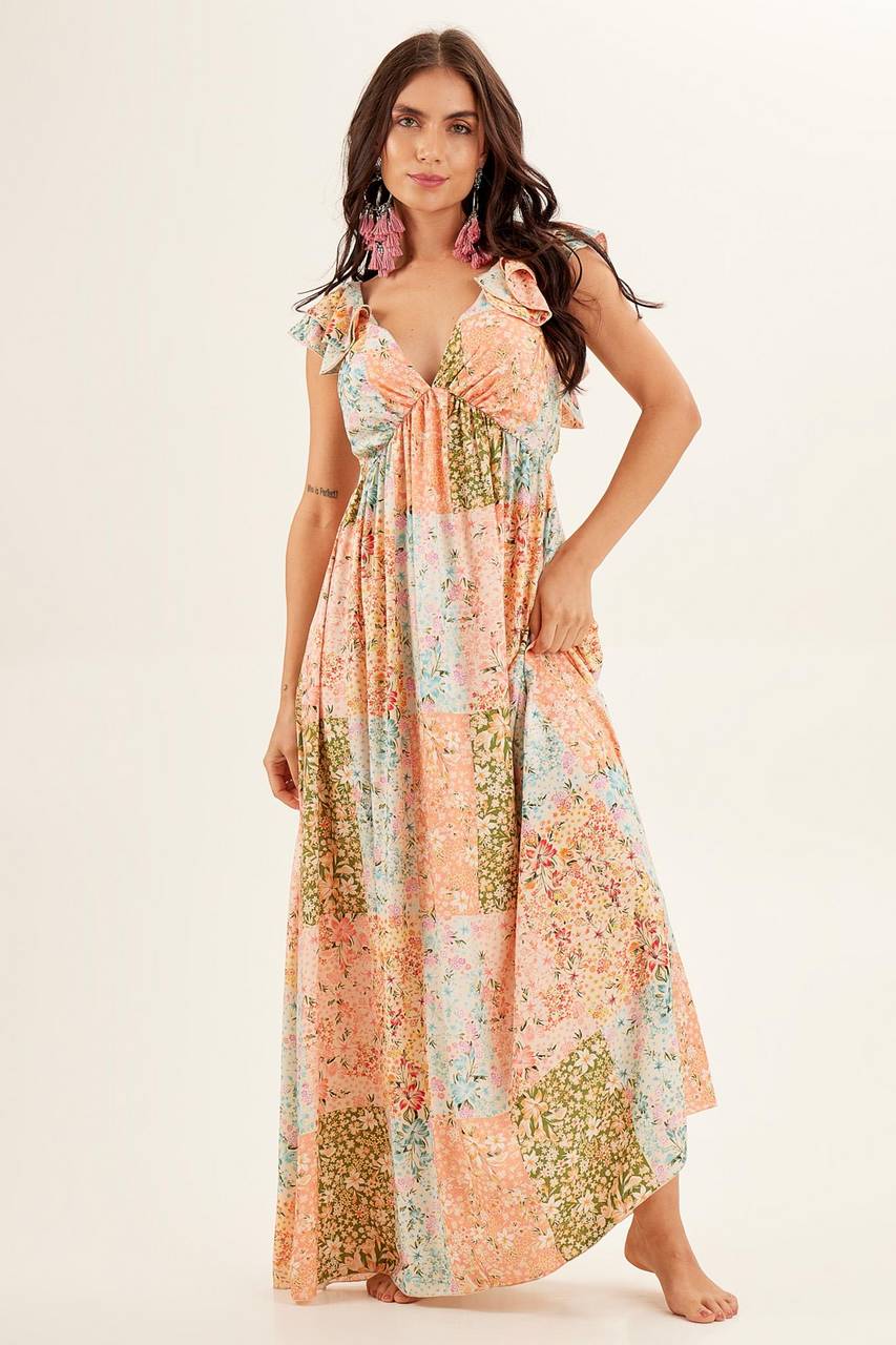Yacamim D2 Beige Printed V-Neck Long Dress