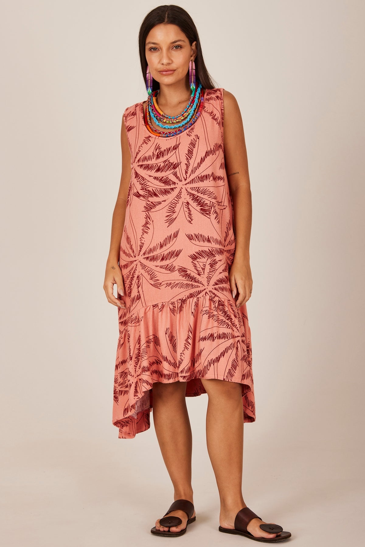 Yacamim E21 Pink Printed Linen Sleeveless Short Dress