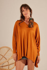 Yacamim Loose Basic Blouse with Elongated Back Dark Orange