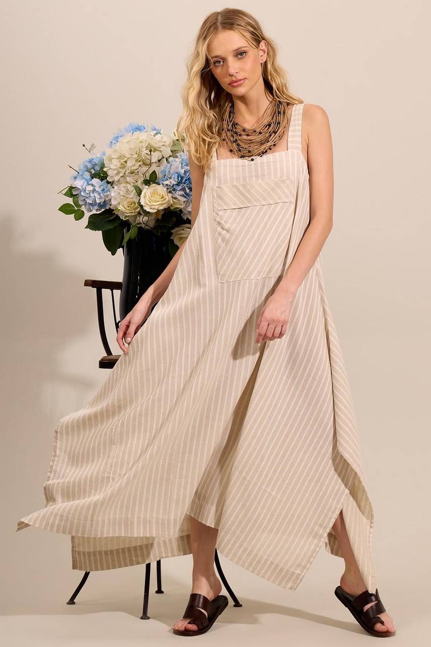 Yacamim Striped Beige Linen Midi Dress