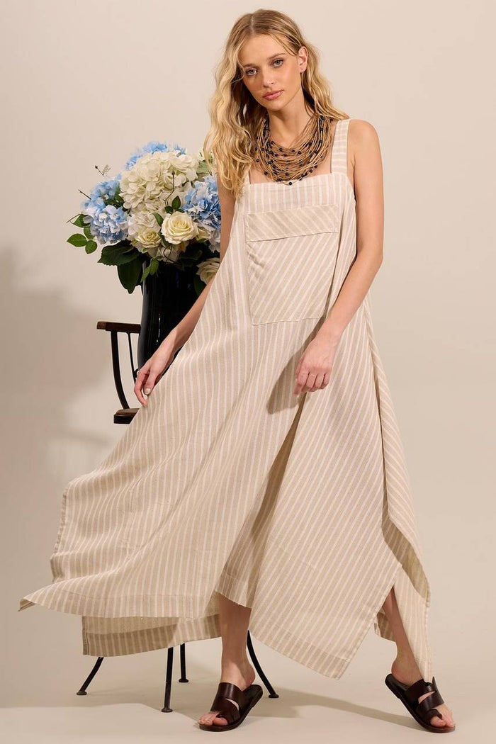 Yacamim Striped Beige Linen Midi Dress