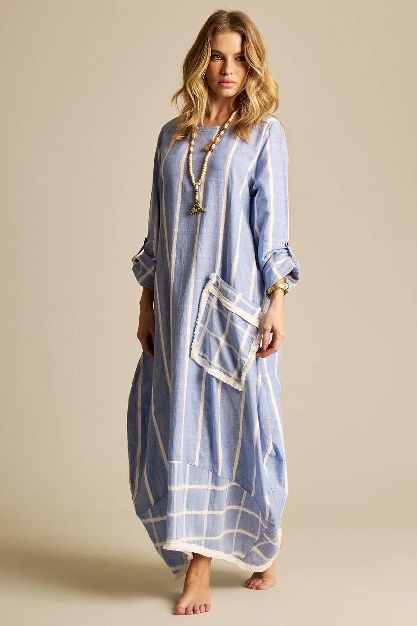 Yacamim Light Blue Plaid Linen Long Dress