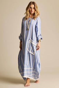 Yacamim Light Blue Plaid Linen Long Dress