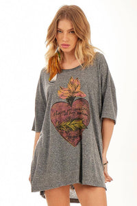 Yacamim Melange Grey Exclusive Print Loose Basic T-Shirt