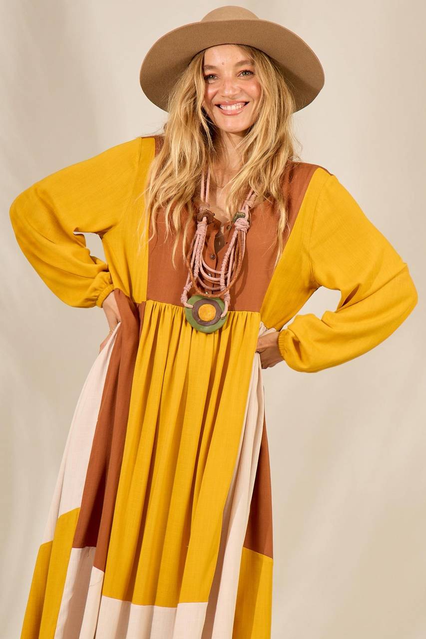 Yacamim Yellow Midi Dress with Puffed Long Sleeves <br />