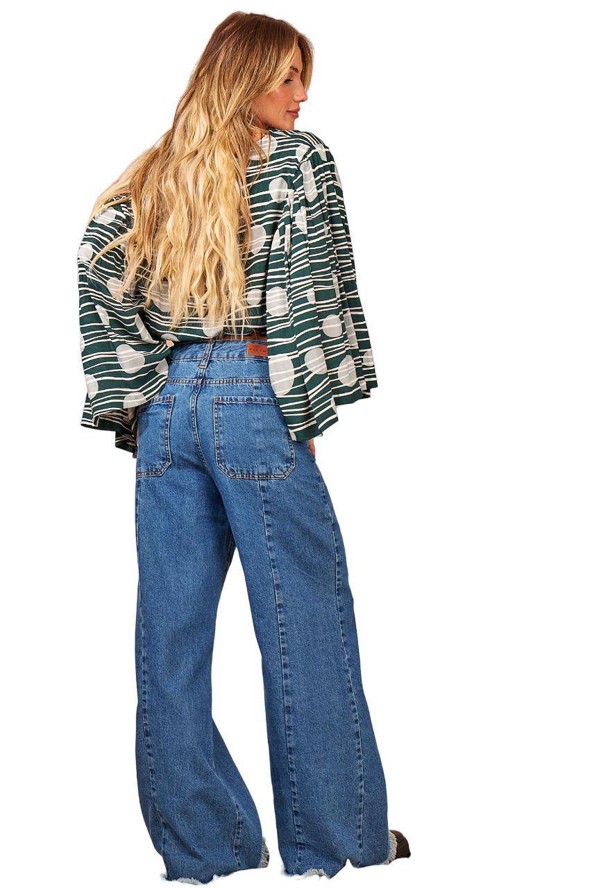 Yacamim Green Printed Cropped Smocked Blouse