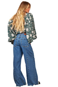 Yacamim Green Printed Cropped Smocked Blouse