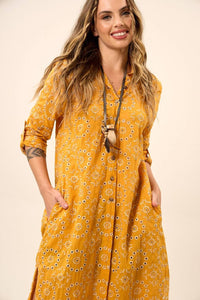 Yacamim N9 Yellow 3/8 Sleeve Midi Embroidered Shirt with Side Slits