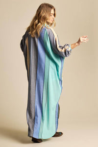 Yacamim N3 Blue and Green Striped Loose Long Shirt
