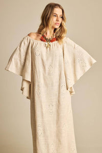 Yacamim E22 Beige Broderie Linen Off-the-Shoulder Long Dress