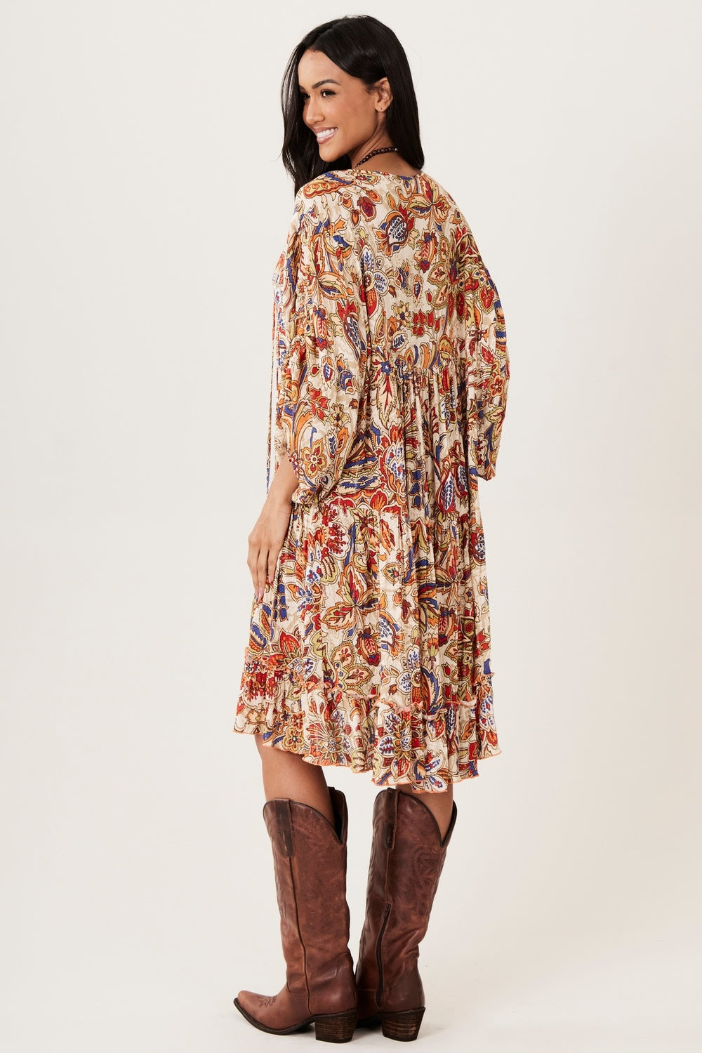 Yacamim D1 Loose Flowy Short Beige Printed Dress
