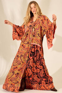 Yacamim Orange Cashmere Patchwork Print Long Shirt Dress