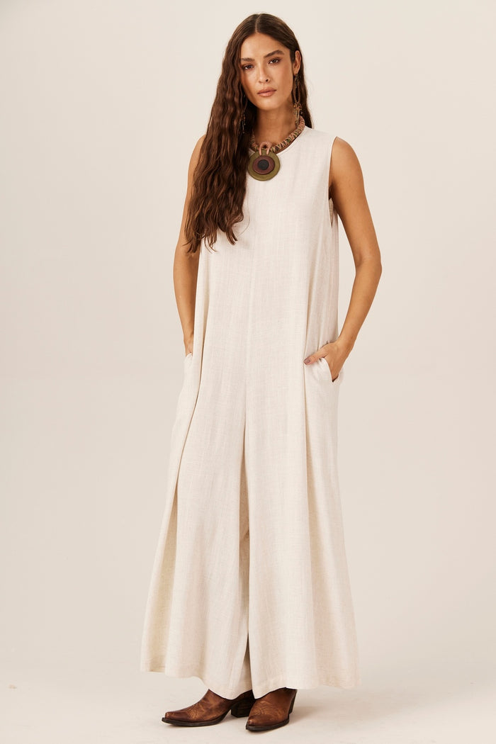 Yacamim Women's Beige Long Wide-Leg Jumpsuit with Pockets O3