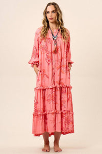 Yacamim E15 Pink Printed Long Sleeve Midi Shirt Dress