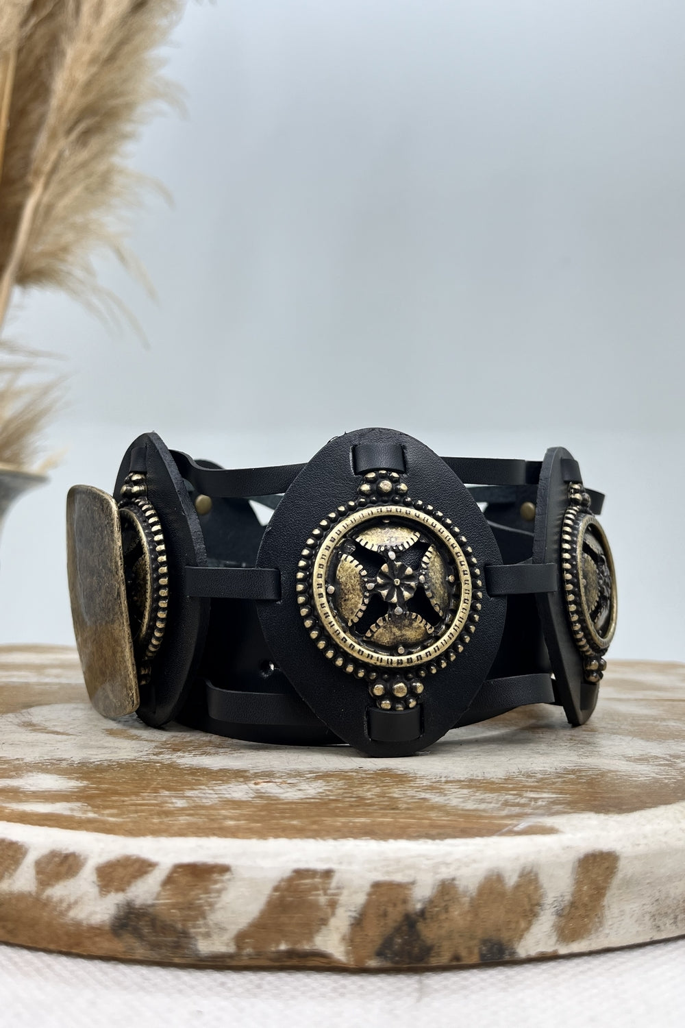 Black Leather Belt with Aged Gold Buckle and Details Yacamim #221