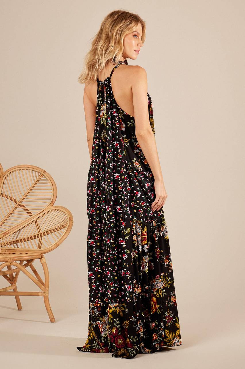 Yacamim Black Patchwork Long Dress with Tunnel Straps and Side Pockets