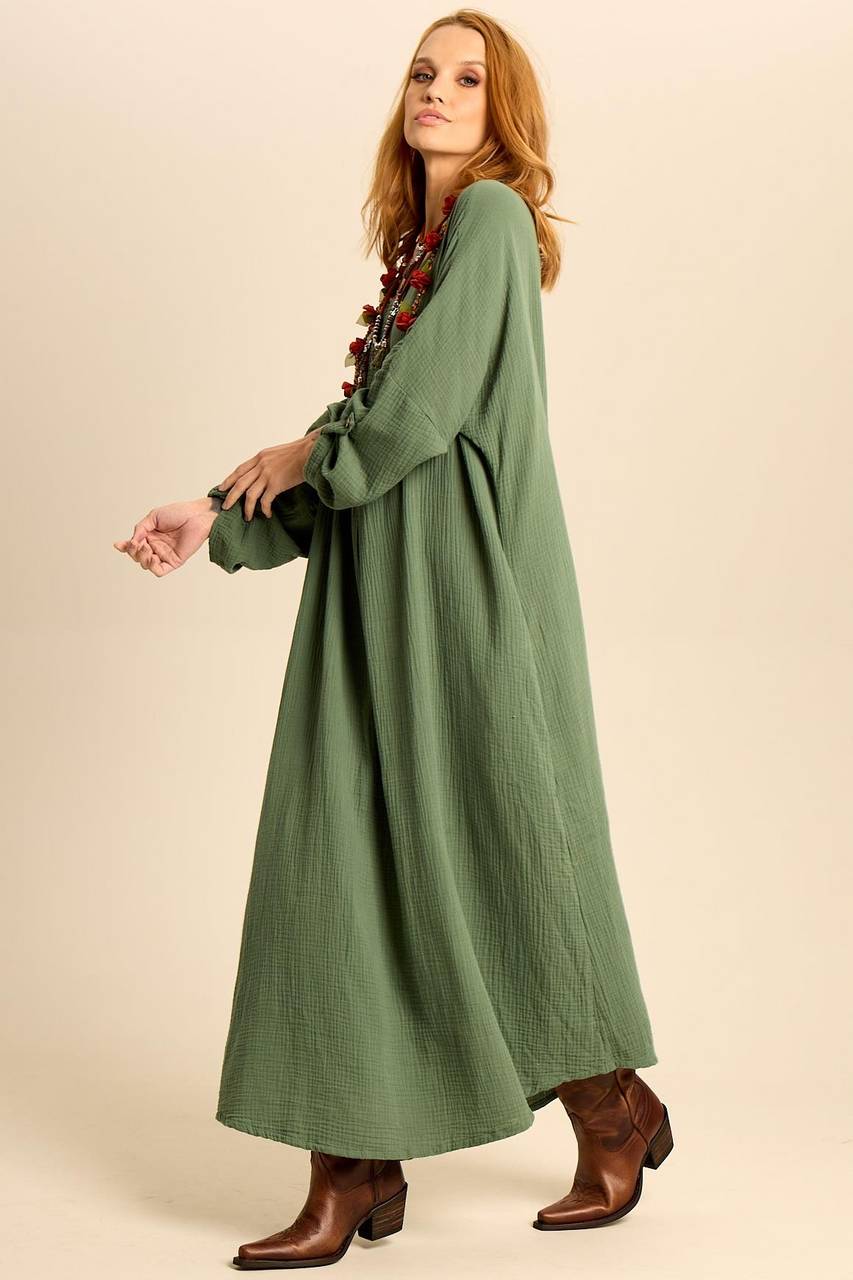 Long Dress with Long Sleeves and Pockets Moss Green Yacamim D26