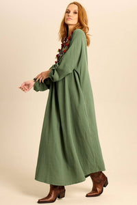 Long Dress with Long Sleeves and Pockets Moss Green Yacamim D26