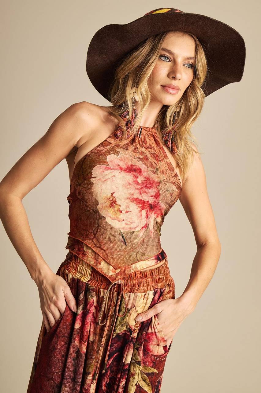 Brown Printed Yacamim I2 Cropped Scarf Top with Back Tie