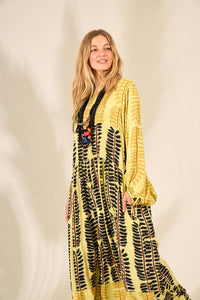Long Printed Patchwork Green Composed Dress with Pockets Yacamim