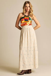 Yacamim Embroidered Beige Linen Full-Length A-Line Skirt G10