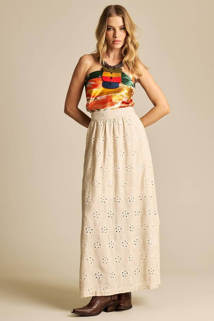 Yacamim Embroidered Beige Linen Full-Length A-Line Skirt G10