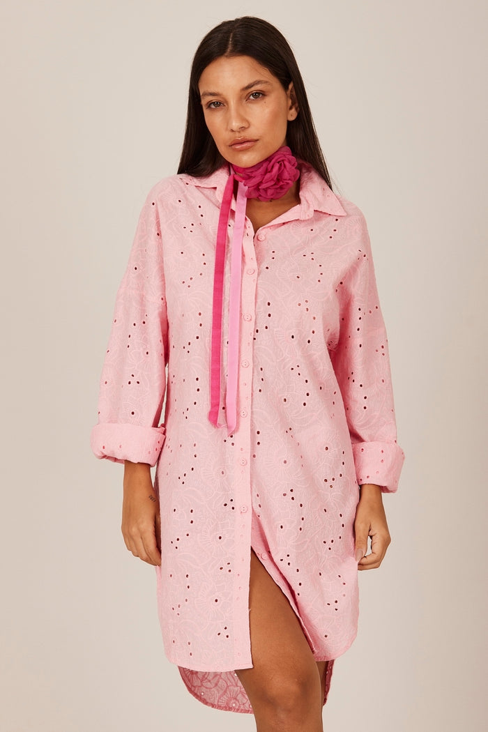Yacamim Women's Pink Broderie Classic Long Shirt N1