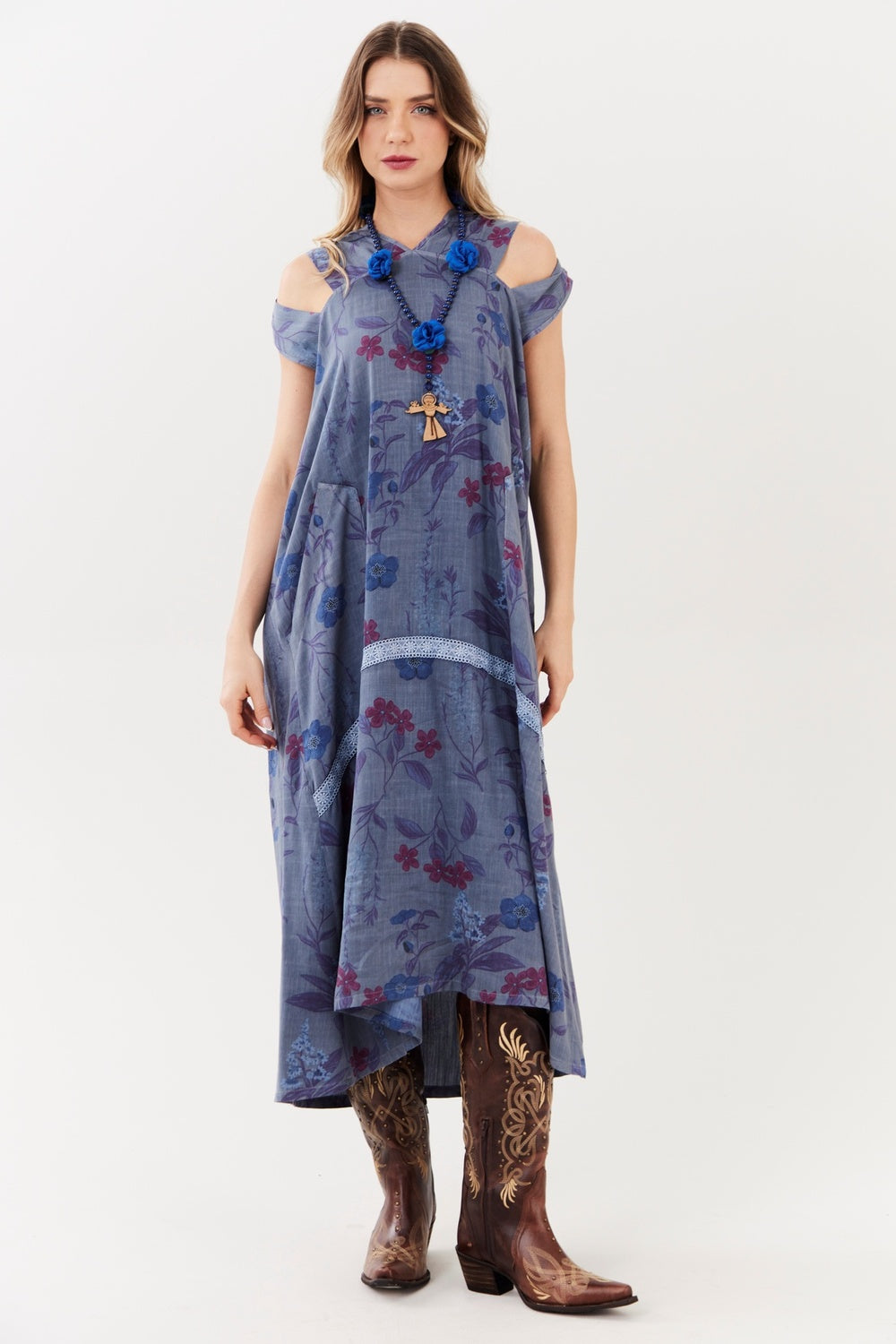 Yacamim D8 Midi Dress with Cut-Out Shoulders and Hood