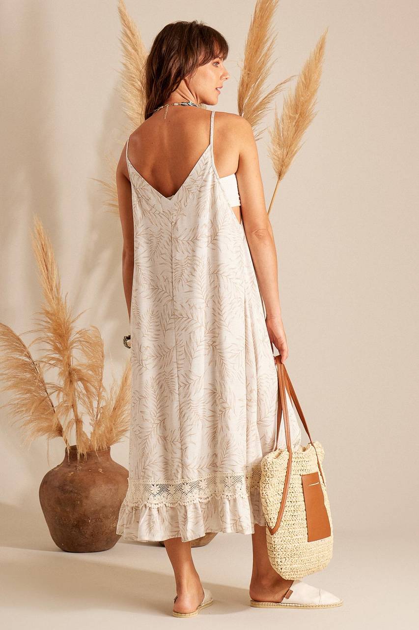 Yacamim Printed Beige Mullet Dress with Lace Details and Straps