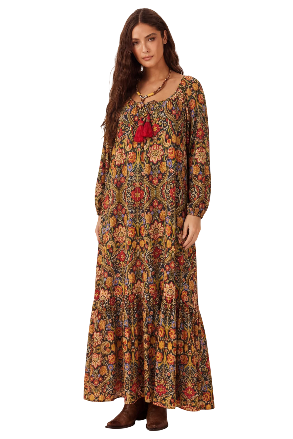 Yacamim D1 Printed Long Sleeve Long Dress