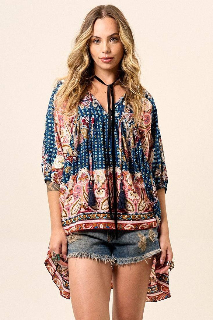 Loose Tunic with 3/4 Puffy Sleeves Blue Cashmere Print Yacamim