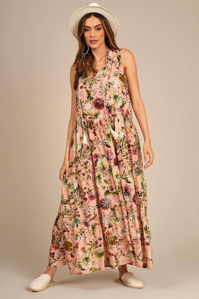 Sleeveless Long Broderie Rosé Yacamim Dress