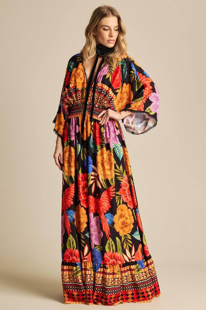Long Dress With Shirred Waist Black And Orange Printed Yacamim D3