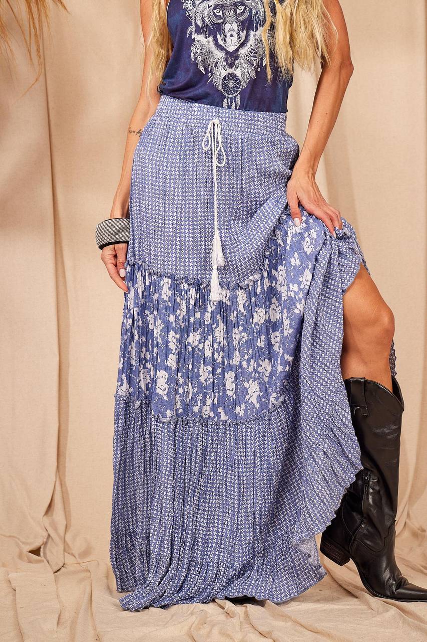 High Waisted Ruffle Patchwork Skirt Blue Yacamim