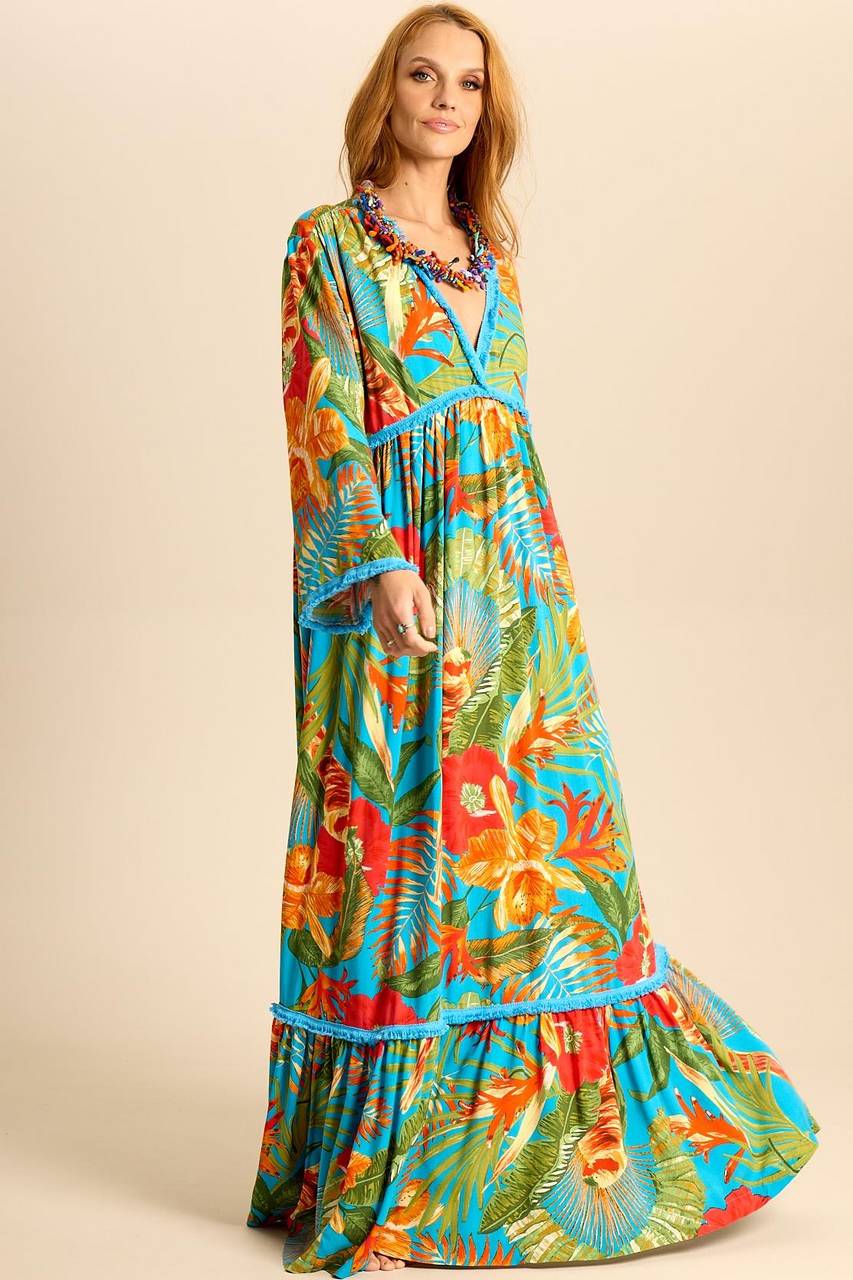 Yacamim Light Blue Long Sleeve Printed Long Dress E18