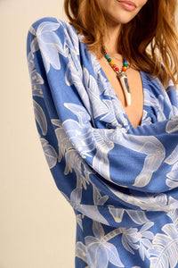 Yacamim E12 Blue Feather Print V-Neck Long Dress