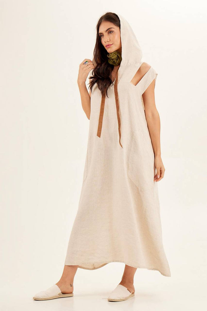 Yacamim Beige 100% Linen Hooded Midi Dress