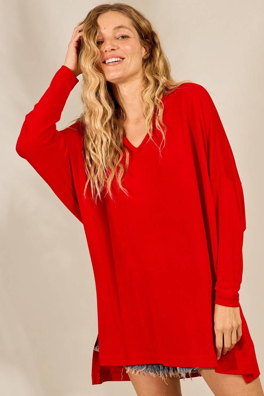 Red Yacamim B2 Plain V-Neck Extended Loose Basic Blouse