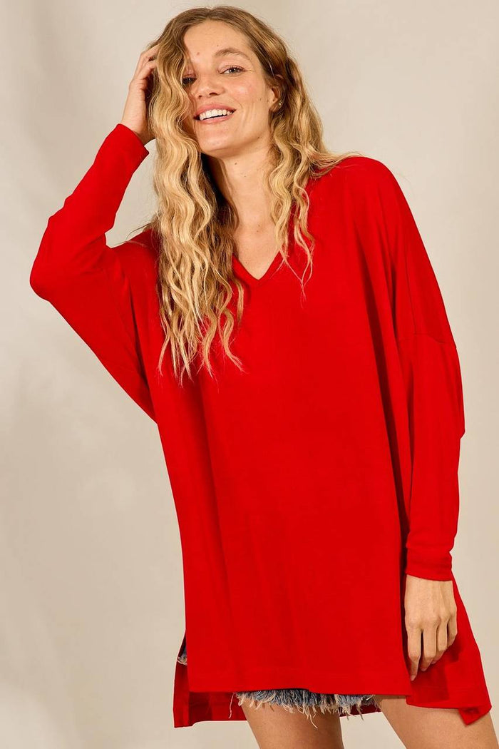 Red Yacamim B2 Plain V-Neck Extended Loose Basic Blouse