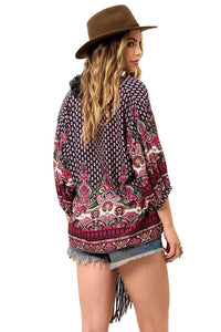 Wide Baju with Mandarin Collar Pink Cashmere Print Yacamim B15