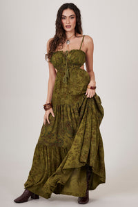 Yacamim C15 Moss Green Paisley Print Long Strappy Dress