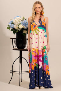 Women's Long Dress with Adjustable Straps, Blue Polka Dot Print, Yacamim C23