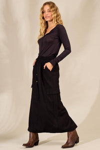 Black Yacamim G1 Linen Midi Skirt with Slits