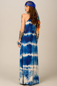 Yacamim D7 Blue Tie-Dye Digital Print Racerback Maxi Dress