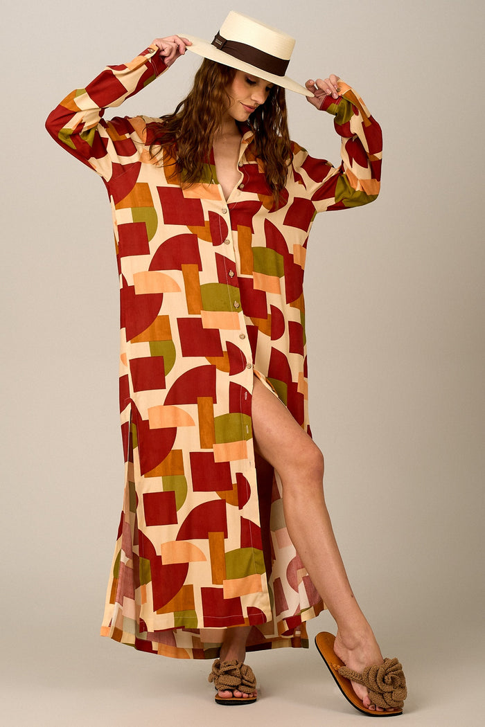 Yacamim N4 Long Oversized Geometric Print Shirt
