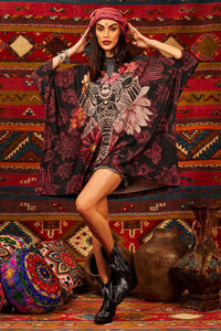 Loose Wide Tunic With 3/8 Sleeves Black Elephant Print Yacamim