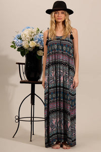 Yacamim D10 Cashmere Print Long Dress with Straps and Black Pom-Poms