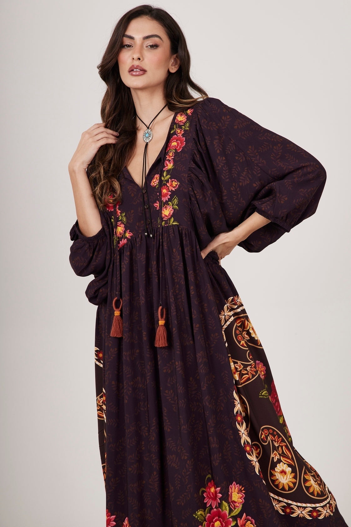 Dark Brown Long Dress with Cashmere Print Yacamim E23