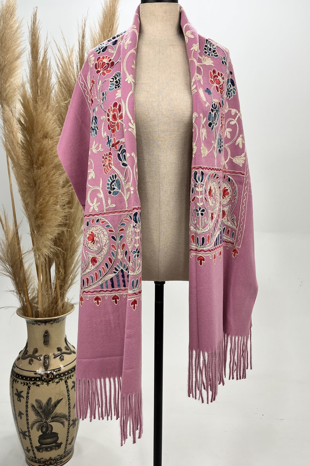 Pink Embroidered Cashmere Scarf Yacamim #234