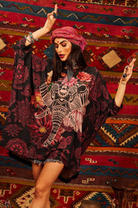 Loose Wide Tunic With 3/8 Sleeves Black Elephant Print Yacamim